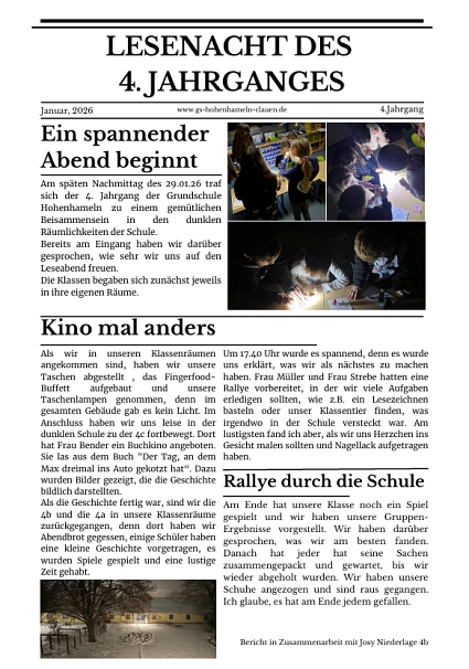 Lesenacht&nbsp;&copy;&nbsp;Grundschule Hohenhameln-Clauen, Standort Hohenhameln